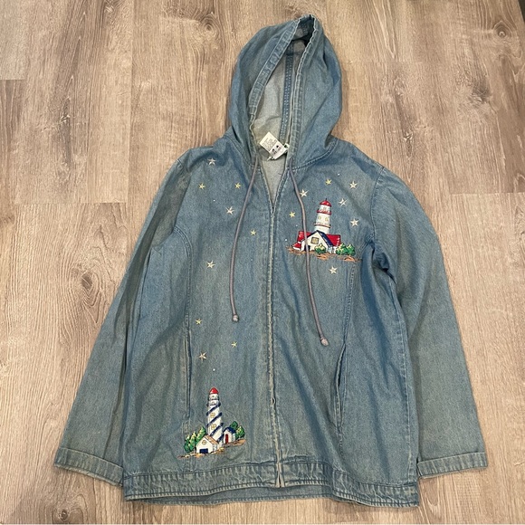 Vintage Quacker Factory Denim Full Zip Hooded Embroidered Lighthouse Top Large - Picture 1 of 8
